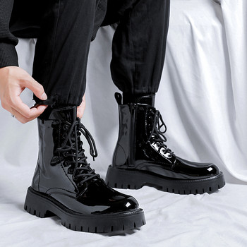 Модни ботуши с цип 2023 г. Нови мъжки обувки На открито с дебела подметка Средни мъжки ботуши Британски стил Лачени мъжки ботуши