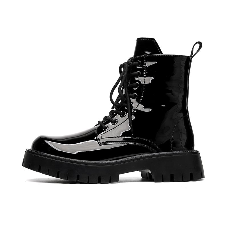 Moodsad tõmblukuga saapad 2023 Uued meeste kingad välistingimustes, paksu tallaga, keskmise ülaosaga meeste saapad Briti stiilis lakknahast meeste saapad