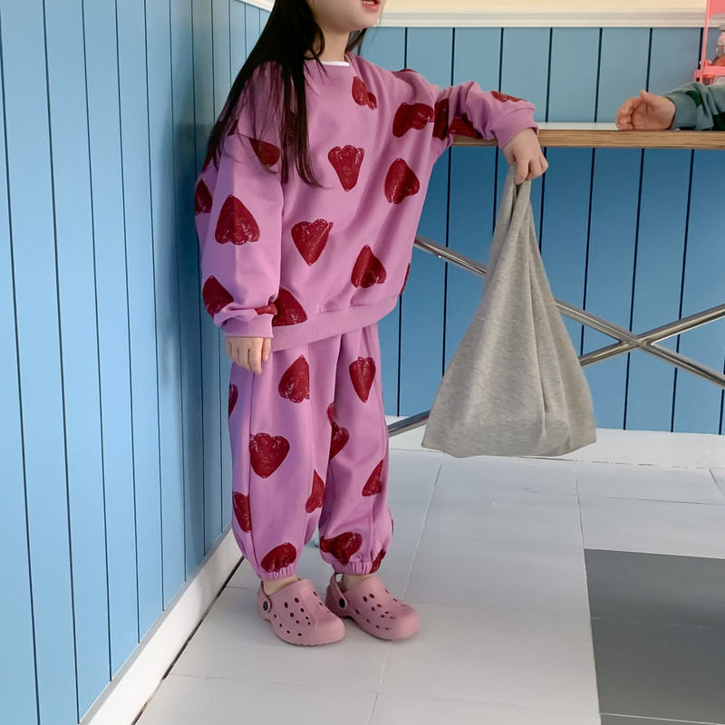 Άνοιξη Φθινόπωρο 2023 αδέρφια σετ ρούχων εκτύπωσης καρδιάς Παιδική φούτερ και παντελόνι με στρογγυλό γιακά σετ 2 τμχ