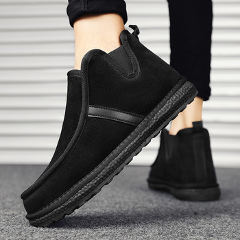 Плюс кадифени плоски мъжки ботуши 2023 Обувки за мъже Зимни плоски топли зимни ботуши Ежедневни черни мъжки памучни обувки с приплъзване и къса тръба