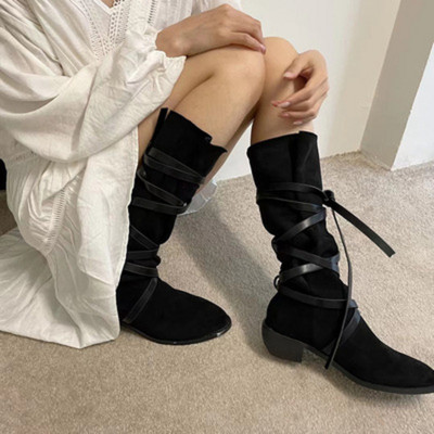 Cizme de cowboy occidentale cu toc mic, retro, cu vârf ascuțit, pentru femei, cu bandă largă, cizme chelsea din piele întoarsă, pantof la jumătatea gambei