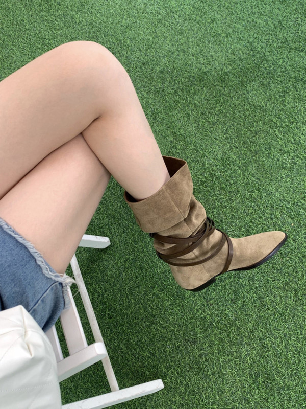 Cizme de cowboy occidentale cu toc mic, retro, cu vârf ascuțit, pentru femei, cu bandă largă, cizme chelsea din piele întoarsă, pantof la jumătatea gambei