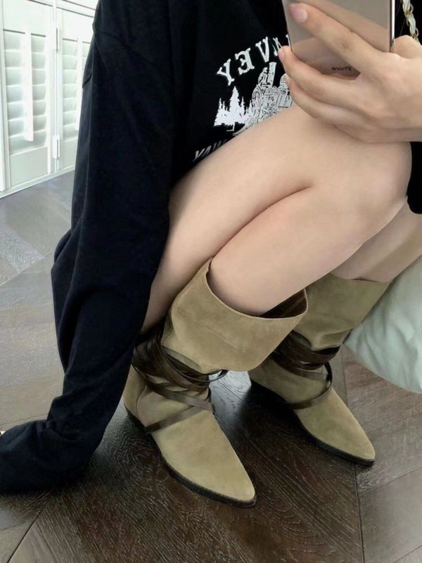 Cizme de cowboy occidentale cu toc mic, retro, cu vârf ascuțit, pentru femei, cu bandă largă, cizme chelsea din piele întoarsă, pantof la jumătatea gambei