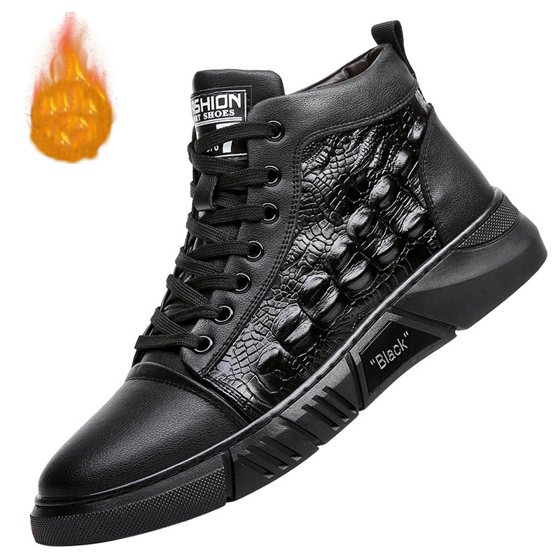 Pluss Velvet pitsidega meeste saapad Uued kingad meestele Talvise krokodilli mustriga soojad õuesaapad Platvormi mustad meeste puuvillased kingad