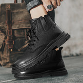 Cizme cu platformă cu șireturi Pantofi de toamnă pentru bărbați Cizme negre pentru bărbați, la modă, la jumătatea gambei, versatile, rezistente la uzură, cizme scurte de exterior