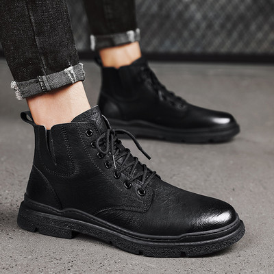 Cizme cu platformă cu șireturi Pantofi de toamnă pentru bărbați Cizme negre pentru bărbați, la modă, la jumătatea gambei, versatile, rezistente la uzură, cizme scurte de exterior