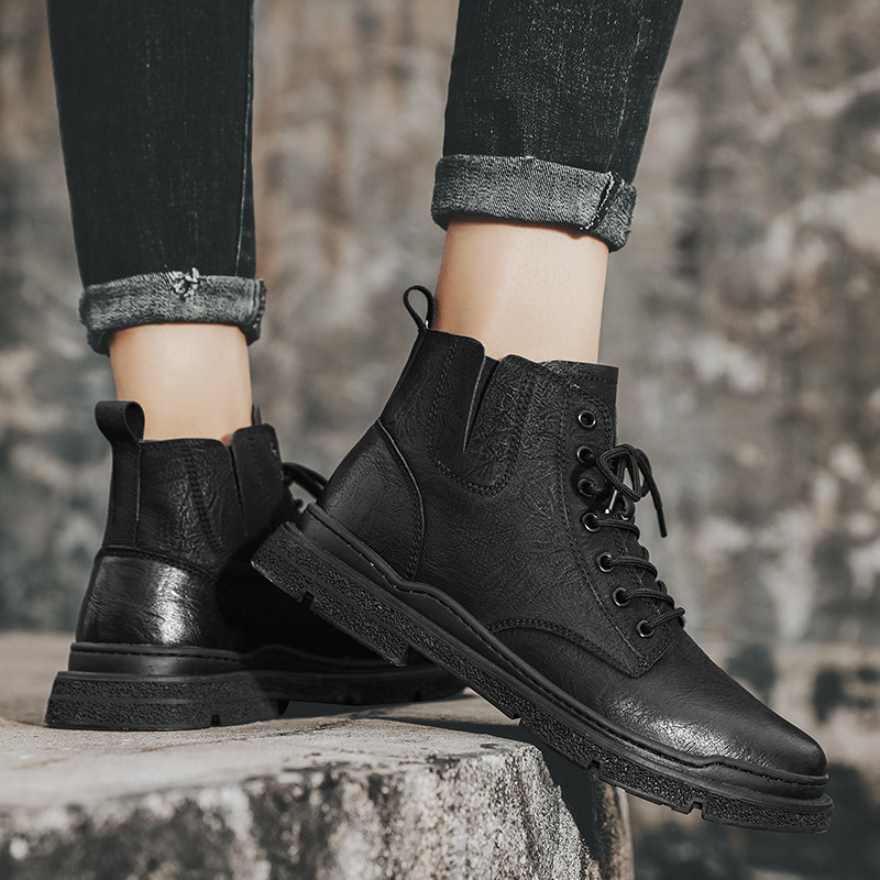 Cizme cu platformă cu șireturi Pantofi de toamnă pentru bărbați Cizme negre pentru bărbați, la modă, la jumătatea gambei, versatile, rezistente la uzură, cizme scurte de exterior