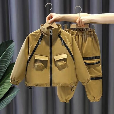 Sping Φθινοπωρινά Βρεφικά και Κορίτσια Αγόρια Απλό με φερμουάρ κορδόνια εργασίας Μπουφάν+σετ παντελονιού Παιδική στολή Σχολική παιδική φόρμα 1-10 ετών