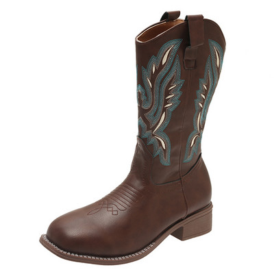 Ρετρό κεντημένες δυτικές μπότες για γυναίκες 2023 Φθινόπωρο Χειμώνας PU Δερμάτινες μπότες στη μέση της γάμπας Γυναικεία γυναικεία μποτάκια καουμπόη με χοντρό τακούνι