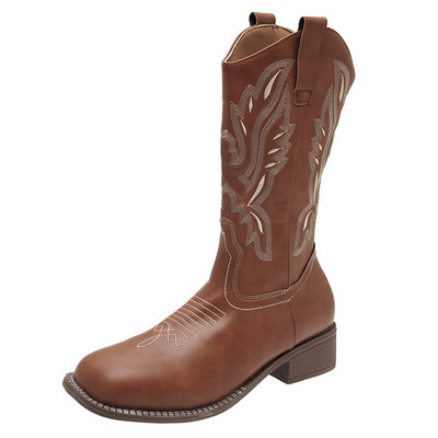 Ρετρό κεντημένες δυτικές μπότες για γυναίκες 2023 Φθινόπωρο Χειμώνας PU Δερμάτινες μπότες στη μέση της γάμπας Γυναικεία γυναικεία μποτάκια καουμπόη με χοντρό τακούνι