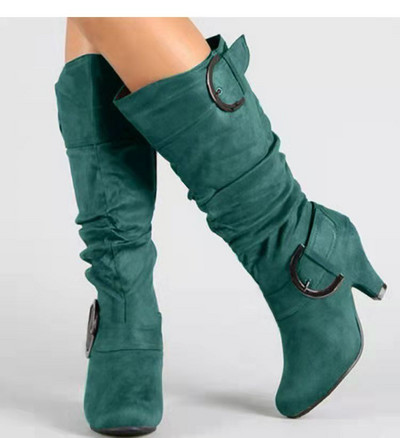 Mărime mare 43 2022 Cizme înalte până la genunchi pentru femei, toamnă, piele de căprioară artificială, cataramă, modă, cu tocuri, pantofi pentru femei, pantofi de iarnă