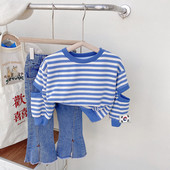 Set de haine pentru fete, ediție nouă coreeană 2023, îmbrăcăminte de toamnă pentru fete, tricou cu mânecă lungă în dungi + blugi la modă Set 2 piese