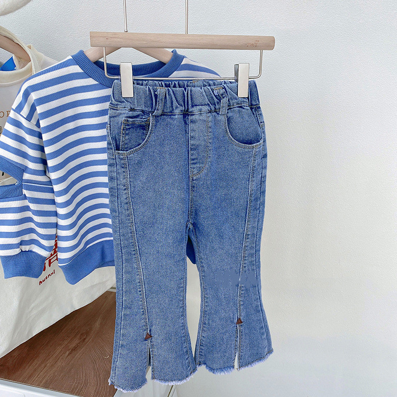 Set de haine pentru fete, ediție nouă coreeană 2023, îmbrăcăminte de toamnă pentru fete, tricou cu mânecă lungă în dungi + blugi la modă Set 2 piese