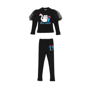 Комплект ризи за момичета, есен 2023, анимационни балончета, тениска с дълги ръкави, памучни черни клинове, детски дрехи
