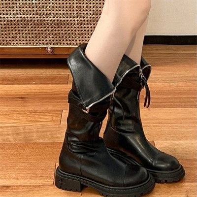 2023 tavaszi őszi újdonság térdig érő csizma Női vastag talpú motoros csizma magas ujjú divatcsizma platformcsizma