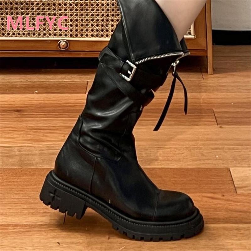 2023 tavaszi őszi újdonság térdig érő csizma Női vastag talpú motoros csizma magas ujjú divatcsizma platformcsizma