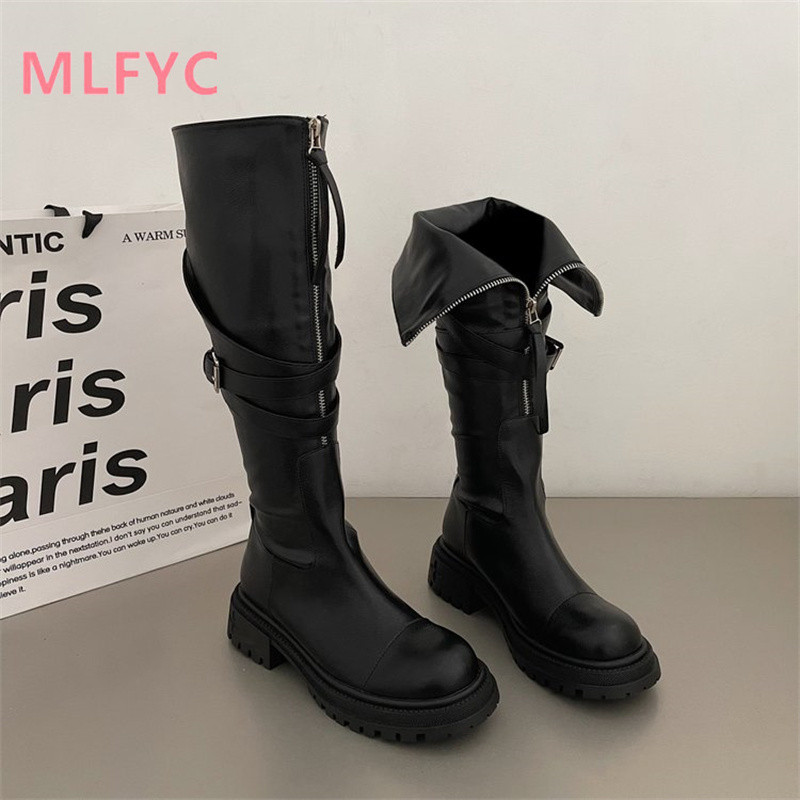 2023 tavaszi őszi újdonság térdig érő csizma Női vastag talpú motoros csizma magas ujjú divatcsizma platformcsizma
