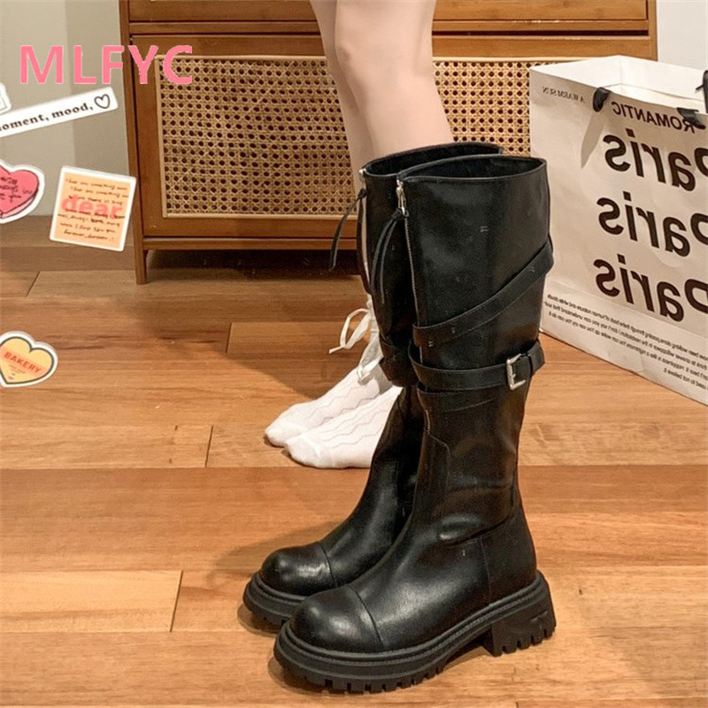 2023 tavaszi őszi újdonság térdig érő csizma Női vastag talpú motoros csizma magas ujjú divatcsizma platformcsizma