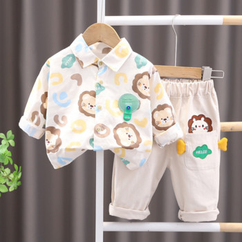2023 Пролетен костюм за момчета, ново бебе, анимационен лъв, риза и панталони с дълъг ръкав, сладки детски памучни дрехи от две части