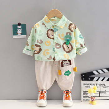 Ανοιξιάτικο κοστούμι αγοριών 2023 Νέο μωρό καρτούν Lion μακρυμάνικο πουκάμισο και παντελόνι Χαριτωμένα παιδικά βαμβακερά ρούχα δύο τεμαχίων