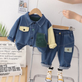 Primăvara și toamna Bebeluși băieți și fete Costum din blugi din bumbac cu mânecă lungă, guler cu rever, cămașă și pantaloni, haine ocazionale frumoase