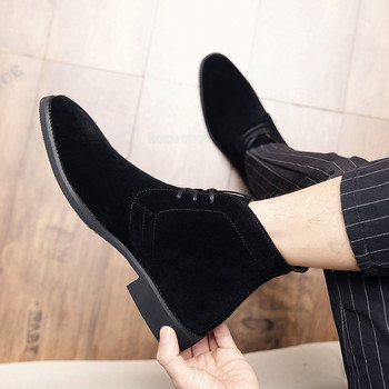 Мъжки ботуши с връзки с остри пръсти Нови обувки за мъже Модни ежедневни ботуши с квадратен ток до глезена Голям размер 47 48 Черни къси ботуши