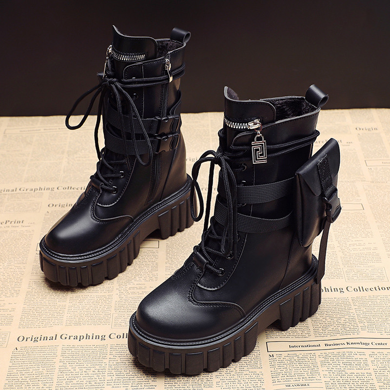 Toamna 2022 Nou cu șireturi Fermoar Cataramă Buzunar Decorat Botine de damă Cap rotund Moda Platfrom Cizme casual de damă