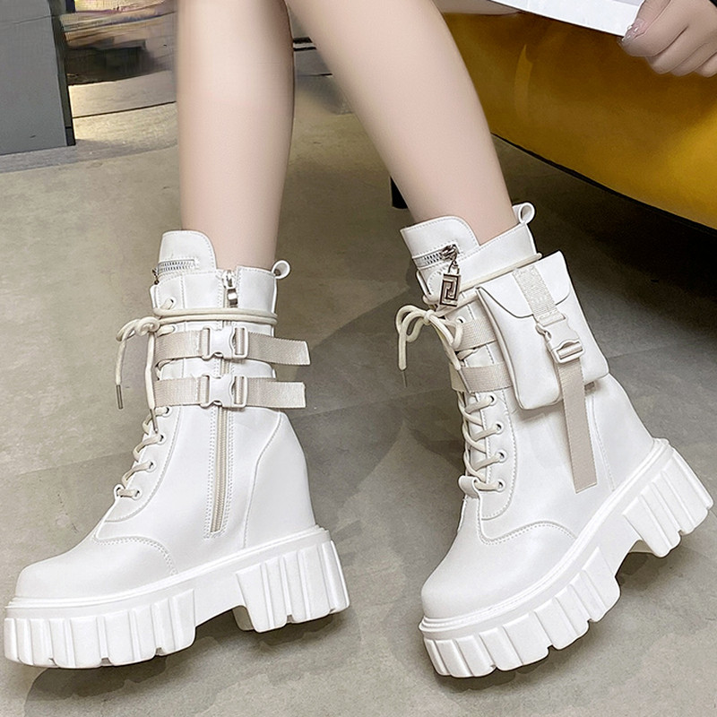 Toamna 2022 Nou cu șireturi Fermoar Cataramă Buzunar Decorat Botine de damă Cap rotund Moda Platfrom Cizme casual de damă