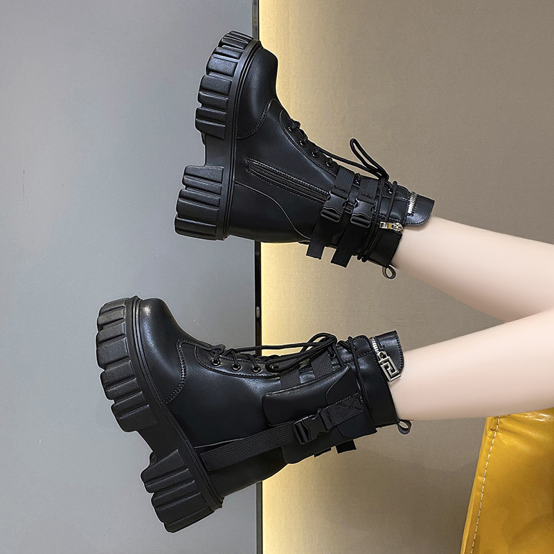 Toamna 2022 Nou cu șireturi Fermoar Cataramă Buzunar Decorat Botine de damă Cap rotund Moda Platfrom Cizme casual de damă