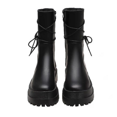 Cizme de damă din piele moale cu talpă groasă Cizme scurte noi Pantofi de damă Cizme cu fermoar lateral Cizme de călăreț în spate Cizme mijlocii cu șireturi