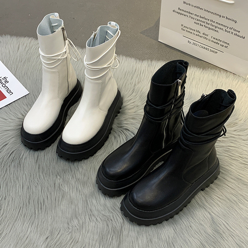 Cizme de damă din piele moale cu talpă groasă Cizme scurte noi Pantofi de damă Cizme cu fermoar lateral Cizme de călăreț în spate Cizme mijlocii cu șireturi