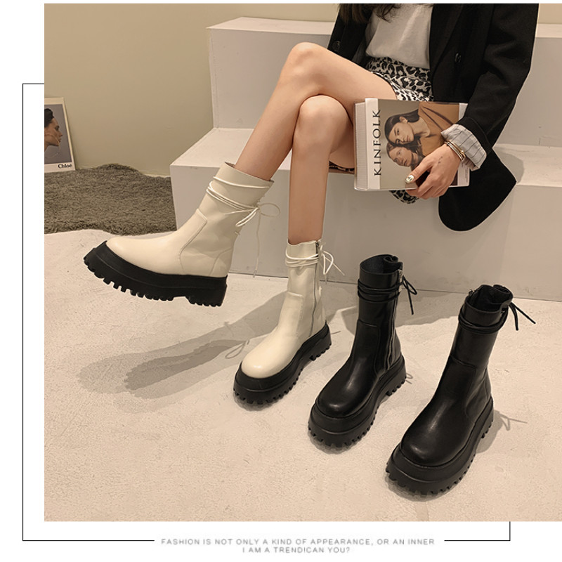 Cizme de damă din piele moale cu talpă groasă Cizme scurte noi Pantofi de damă Cizme cu fermoar lateral Cizme de călăreț în spate Cizme mijlocii cu șireturi