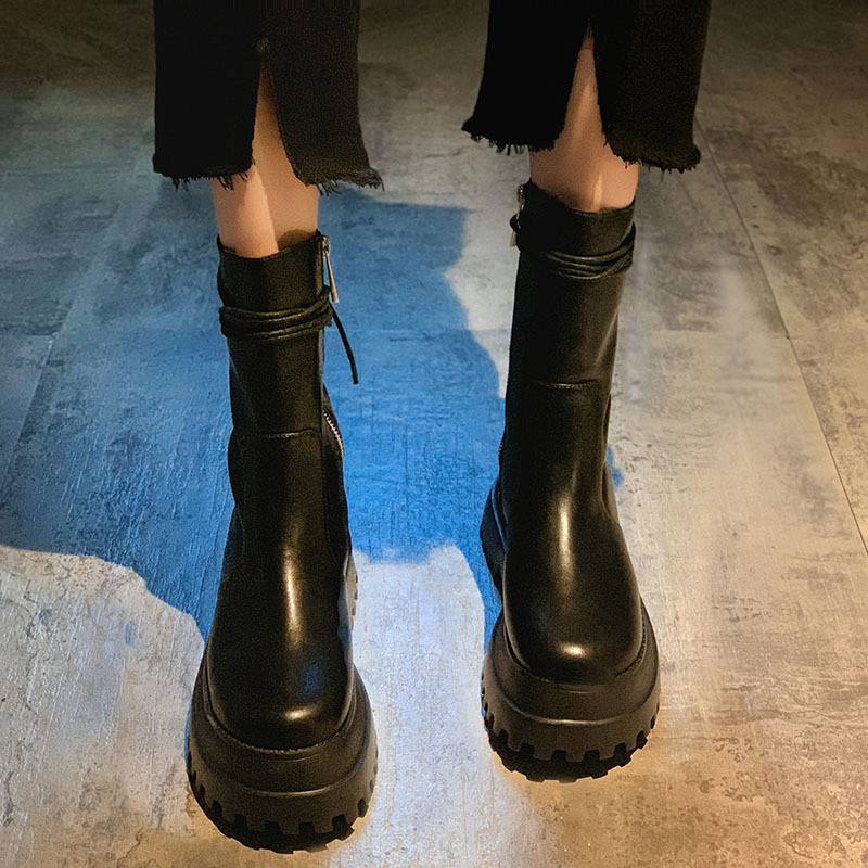Cizme de damă din piele moale cu talpă groasă Cizme scurte noi Pantofi de damă Cizme cu fermoar lateral Cizme de călăreț în spate Cizme mijlocii cu șireturi