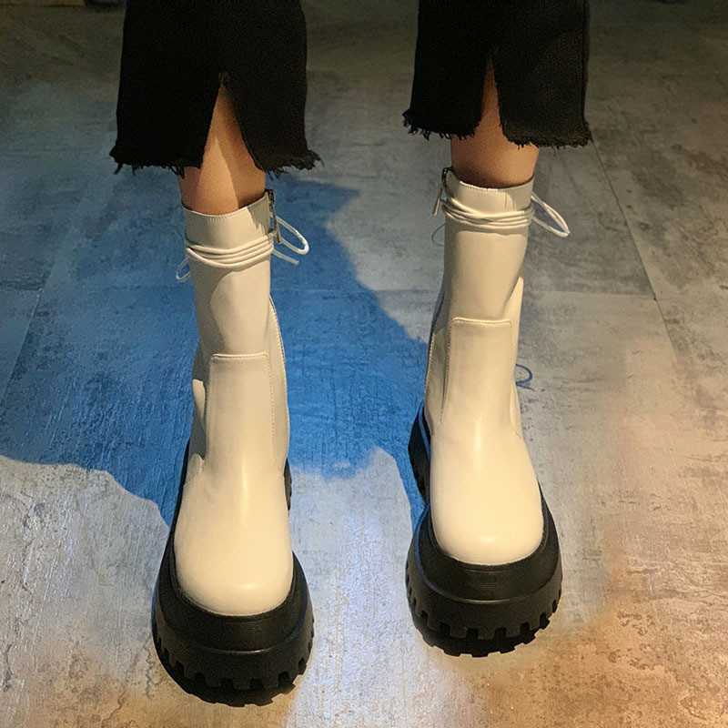 Cizme de damă din piele moale cu talpă groasă Cizme scurte noi Pantofi de damă Cizme cu fermoar lateral Cizme de călăreț în spate Cizme mijlocii cu șireturi