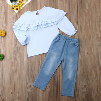 1-6Y Παιδικά Βρεφικά Σετ κοριτσίστικα Ρούχα Μπλε μακρυμάνικο μπλουζάκι με βολάν + τζιν παντελόνι Τζιν ρούχα Παιδικά φθινοπωρινά ρούχα
