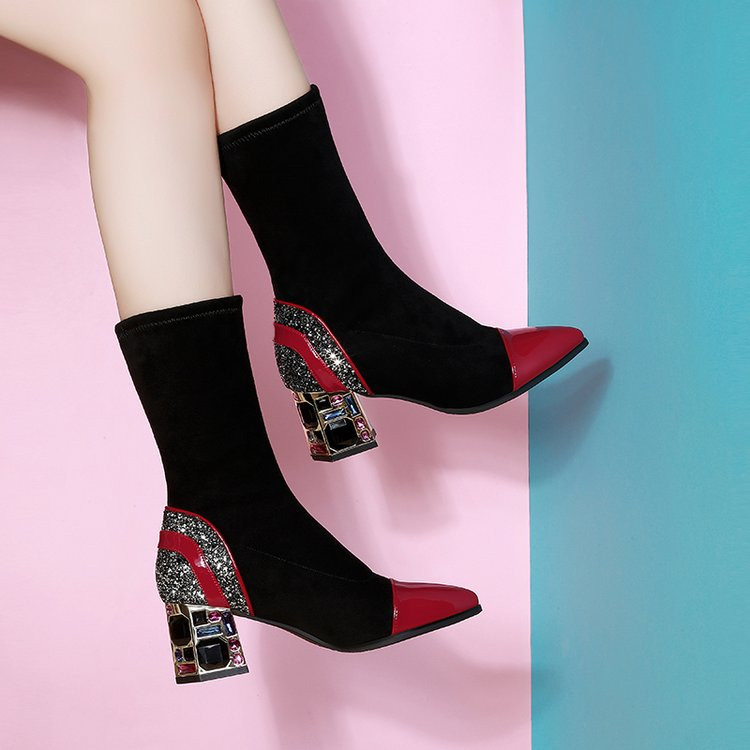 2022 Λεπτές κοντές μπότες Γυναικείες μπότες μέσης γάμπας ελαστικό ύφασμα Rhinestone τετράγωνο τακούνι Γυναικεία χειμερινά παπούτσια Μαύρα γυναικεία υποδήματα