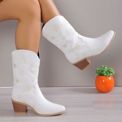 Design de marcă Cizme de cowboy de damă cu vârf ascuțit Cizme de vacă occidentale cu imprimeu la modă, cu tocuri groase, Cizme de cowboy pentru femei, ocazional, de epocă.