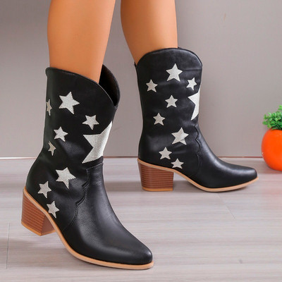 Design de marcă Cizme de cowboy de damă cu vârf ascuțit Cizme de vacă occidentale cu imprimeu la modă, cu tocuri groase, Cizme de cowboy pentru femei, ocazional, de epocă.