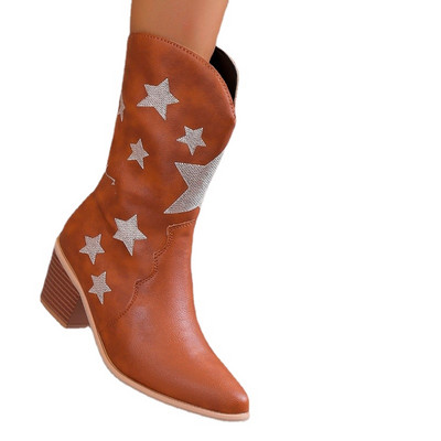 Design de marcă Cizme de cowboy de damă cu vârf ascuțit Cizme de vacă occidentale cu imprimeu la modă, cu tocuri groase, Cizme de cowboy pentru femei, ocazional, de epocă.