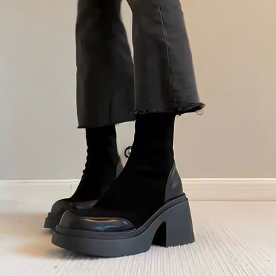 Moteriški kaubojiški batai Madingi batai ant vidurio blauzdos 2023 m. moteriški kvadratiniai aukštakulniai rudeniniai žieminiai mergaičių batai