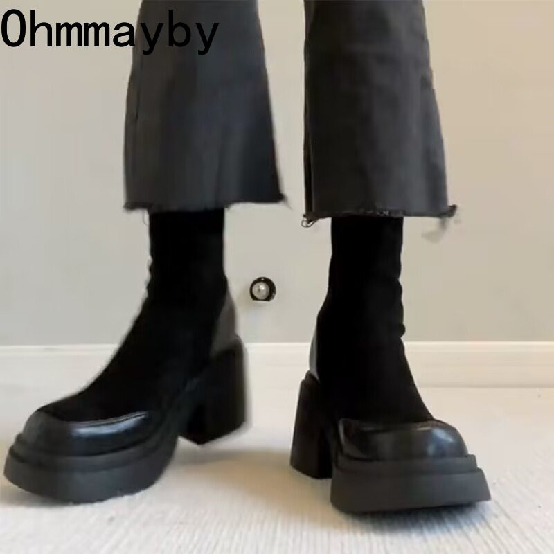 Moteriški kaubojiški batai Madingi batai ant vidurio blauzdos 2023 m. moteriški kvadratiniai aukštakulniai rudeniniai žieminiai mergaičių batai