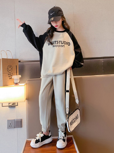 Kevad-sügis tüdrukute puuvillane kontrastse tähestikuga treening dressipluus + dressipüksid koolilastele spordidressid sörkimisriided lastele 7-16 a.