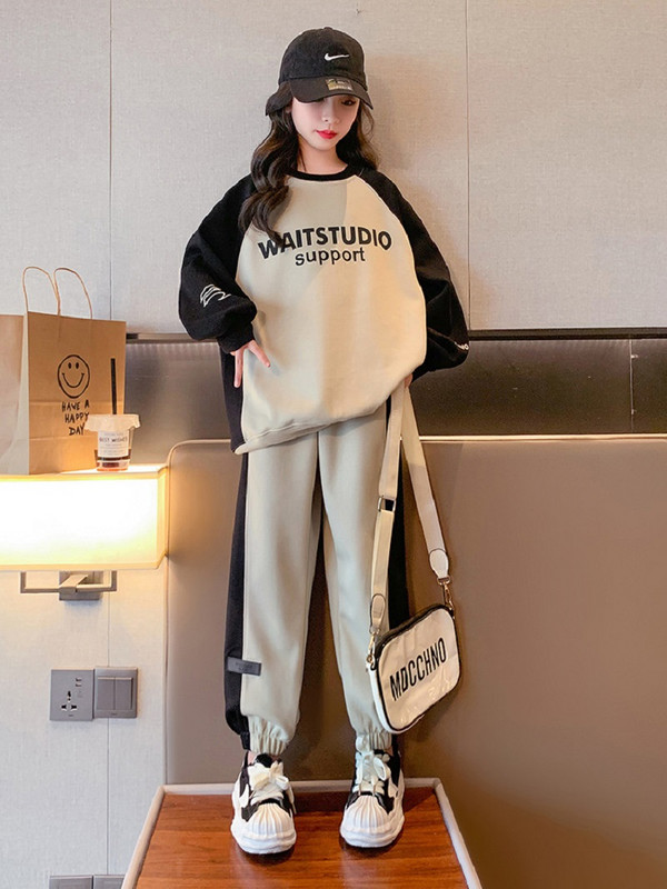 Kevad-sügis tüdrukute puuvillane kontrastse tähestikuga treening dressipluus + dressipüksid koolilastele spordidressid sörkimisriided lastele 7-16 a.