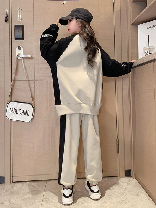 Kevad-sügis tüdrukute puuvillane kontrastse tähestikuga treening dressipluus + dressipüksid koolilastele spordidressid sörkimisriided lastele 7-16 a.