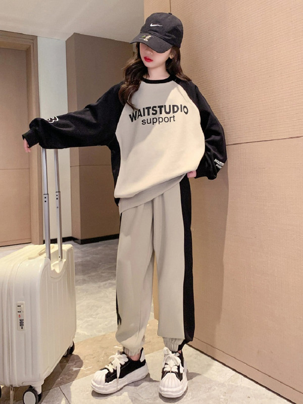 Kevad-sügis tüdrukute puuvillane kontrastse tähestikuga treening dressipluus + dressipüksid koolilastele spordidressid sörkimisriided lastele 7-16 a.