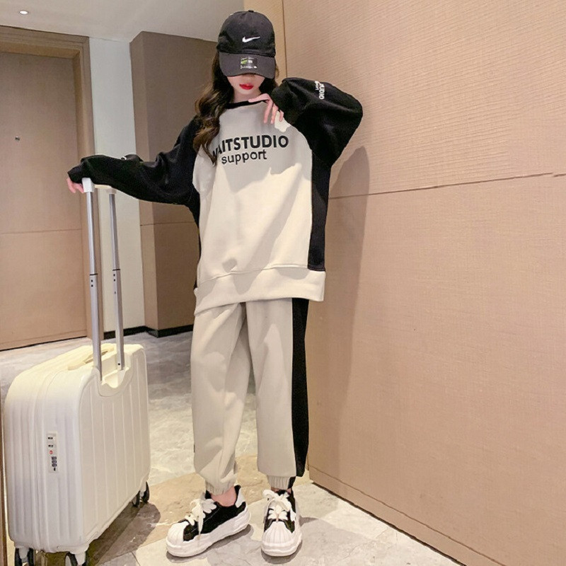 Kevad-sügis tüdrukute puuvillane kontrastse tähestikuga treening dressipluus + dressipüksid koolilastele spordidressid sörkimisriided lastele 7-16 a.