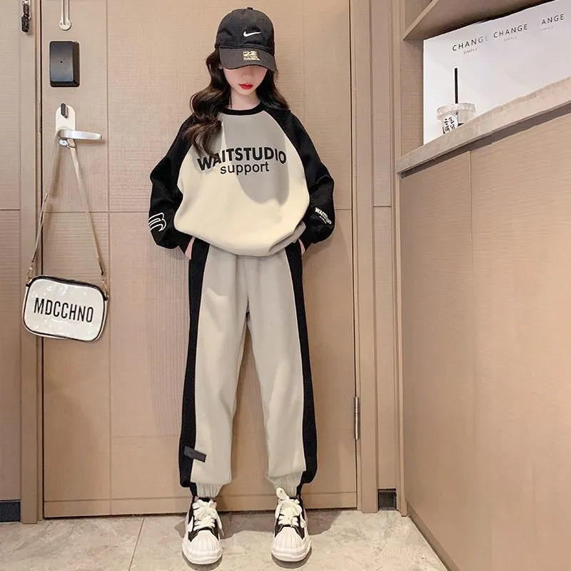 Kevad-sügis tüdrukute puuvillane kontrastse tähestikuga treening dressipluus + dressipüksid koolilastele spordidressid sörkimisriided lastele 7-16 a.