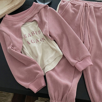 Комплект за момичета Bear Leader 2023, есен, нов потник с щампа на букви + пуловер с обло деколте Cover Up + панталон, детски сладък комплект от три части