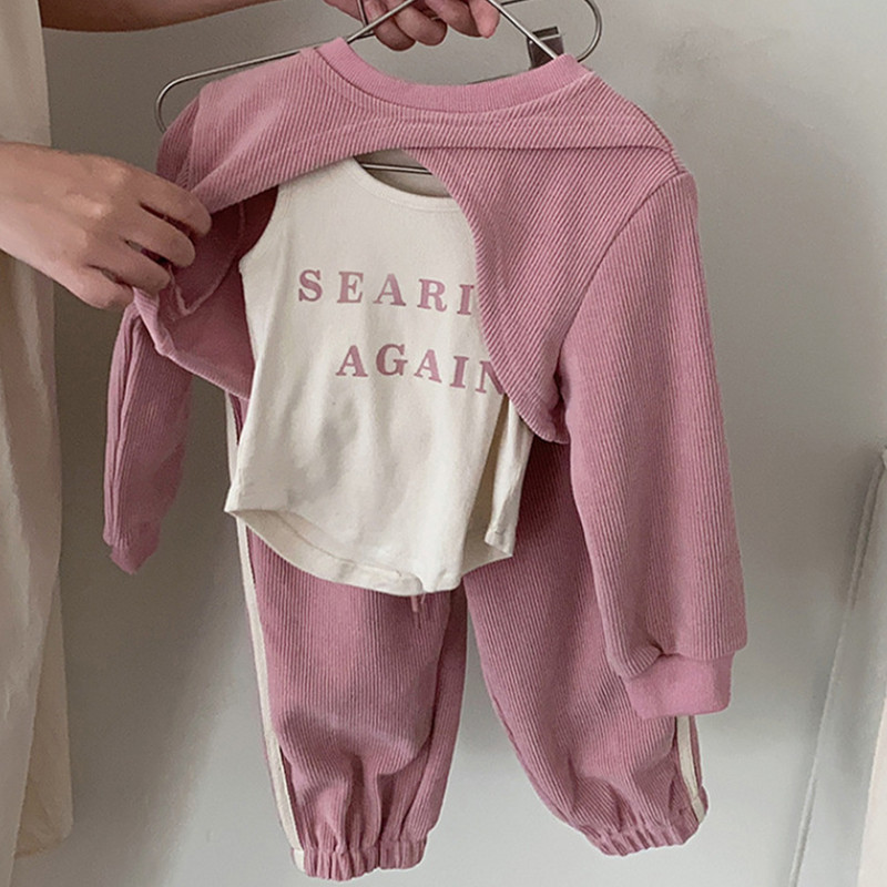 Σετ για κορίτσια Bear Leader 2023 Φθινόπωρο Νέο Letter Τεκμήριο Τοπ+Πουλόβερ με στρογγυλή λαιμόκοψη Κάλυμμα+Παντελόνι Παιδικό χαριτωμένο σετ τριών τεμαχίων