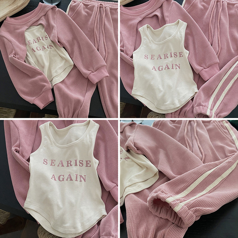 Σετ για κορίτσια Bear Leader 2023 Φθινόπωρο Νέο Letter Τεκμήριο Τοπ+Πουλόβερ με στρογγυλή λαιμόκοψη Κάλυμμα+Παντελόνι Παιδικό χαριτωμένο σετ τριών τεμαχίων